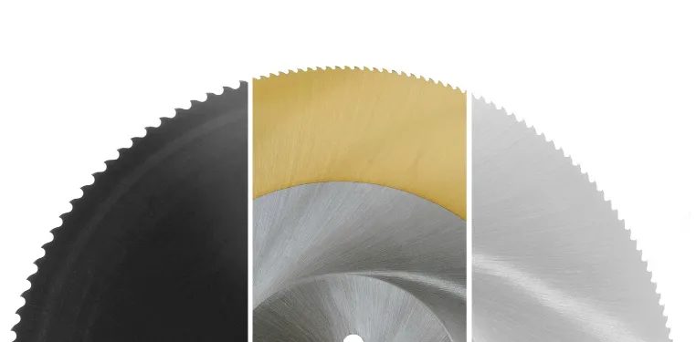 Cold saw blade with pitch on the teeth beside a cold saw blade with a clean ground edge